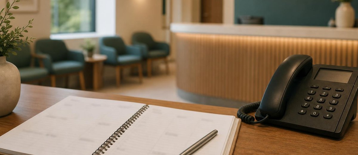 Teléfono y agenda sobre el mostrador de una recepción de clínica