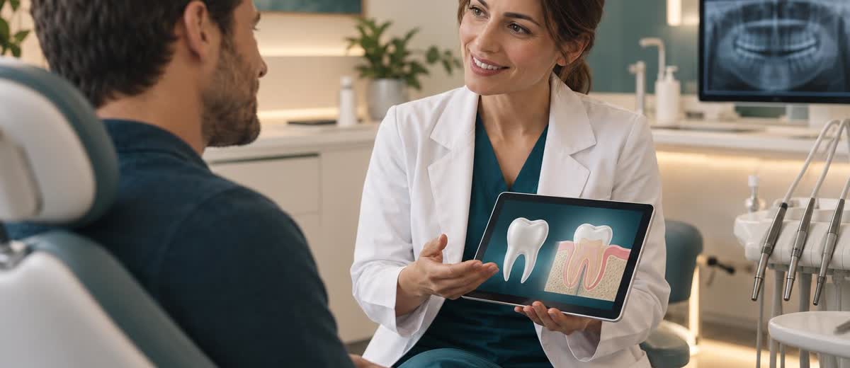 Dentista explicando a una paciente la conexión entre salud oral y salud general