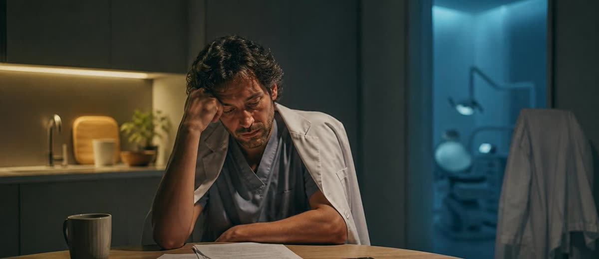 Profesional sanitario revisando documentación al final de la jornada en una clínica dental