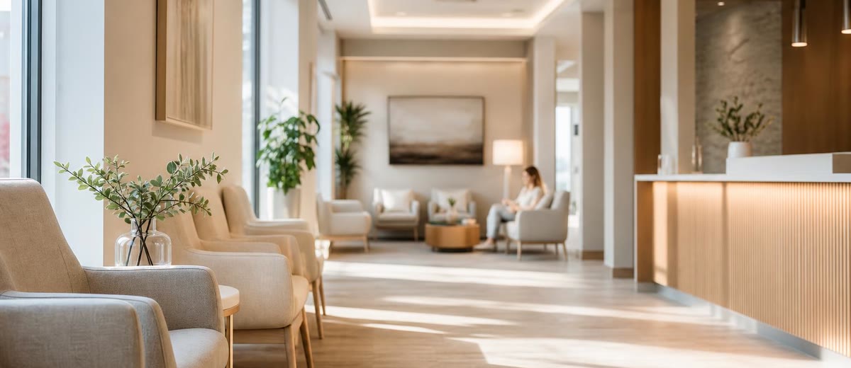 Sillón dental con luz encendida en clínica vacía