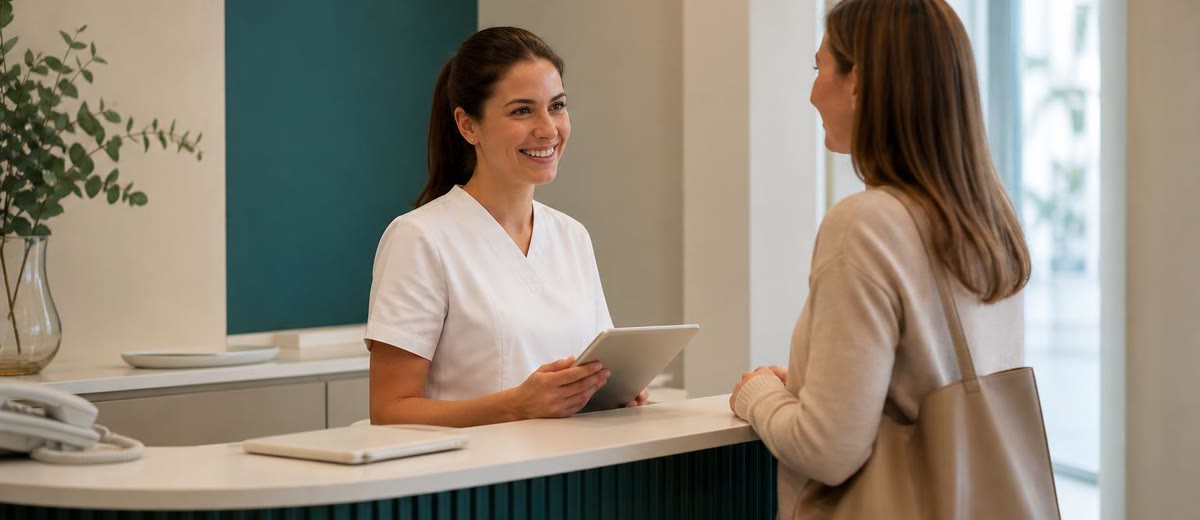Profesional sanitaria atendiendo a una paciente en la recepción de una clínica