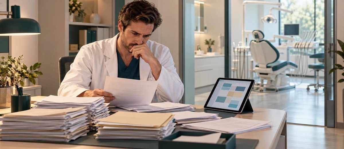 Director clínico dental revisando papeles mientras el gabinete está vacío