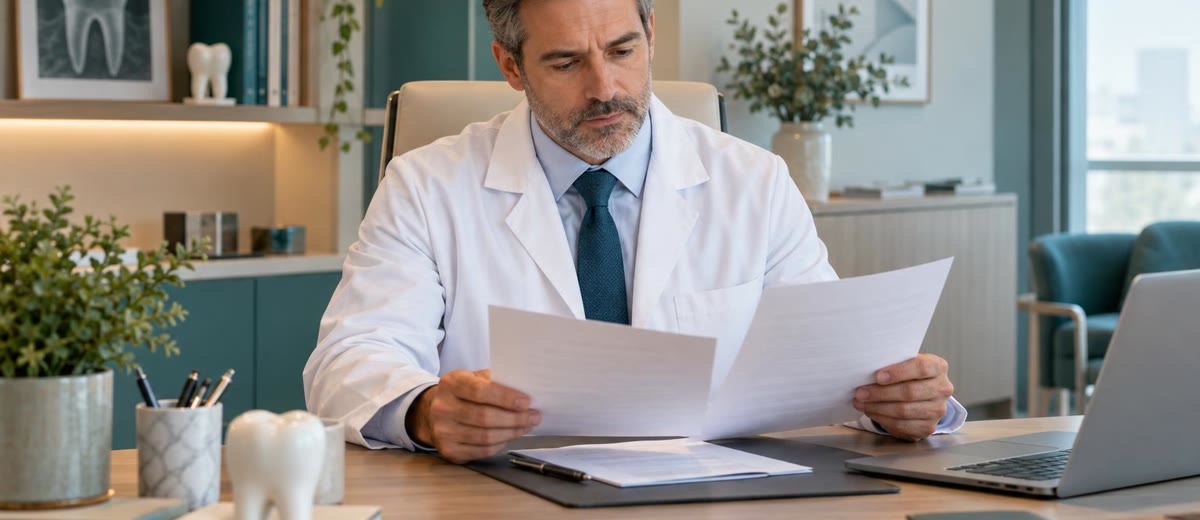 Director de clínica dental revisando datos de rentabilidad en su despacho