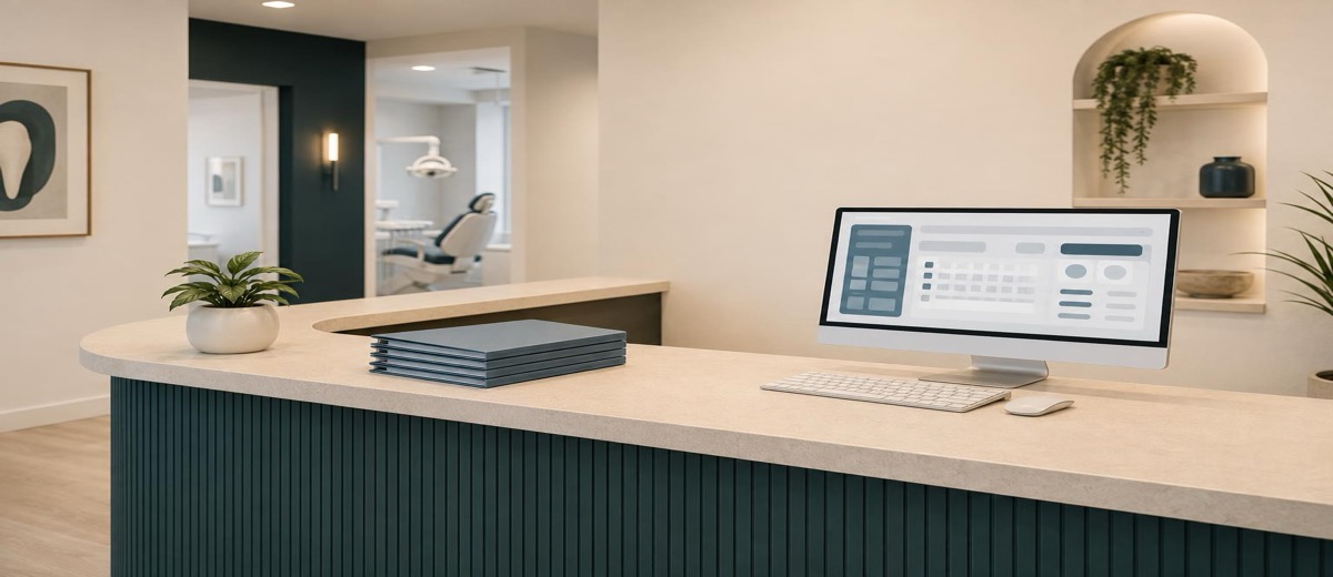 Recepción de clínica dental vacía y perfectamente organizada, sugiriendo que funciona sola