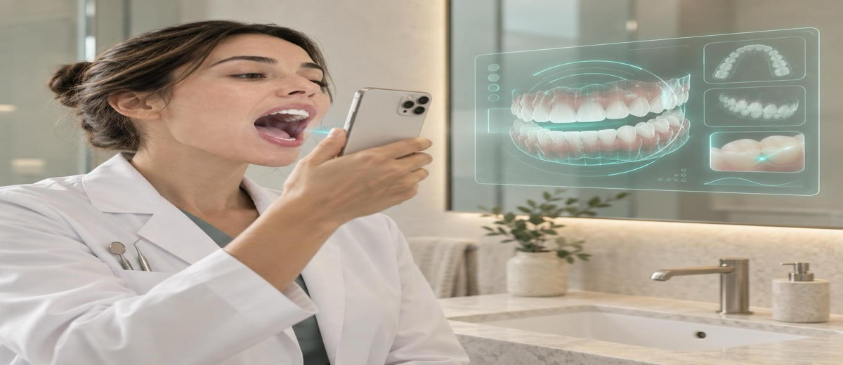 Persona usando el móvil para evaluar su salud bucodental con inteligencia artificial