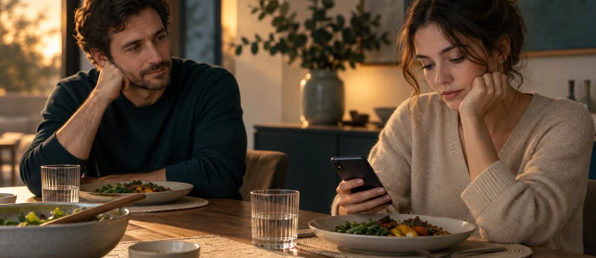Pareja cenando en casa, una de ellas mirando el móvil con expresión pensativa