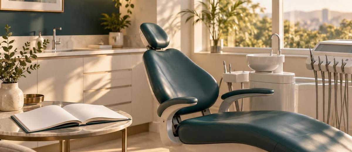 Silla dental vacía con expediente abierto y luz cálida de mañana