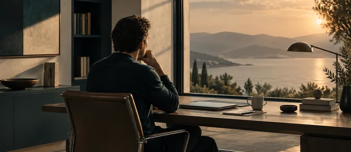 Dueño de clínica dental en su despacho mirando por la ventana, reflexionando en domingo