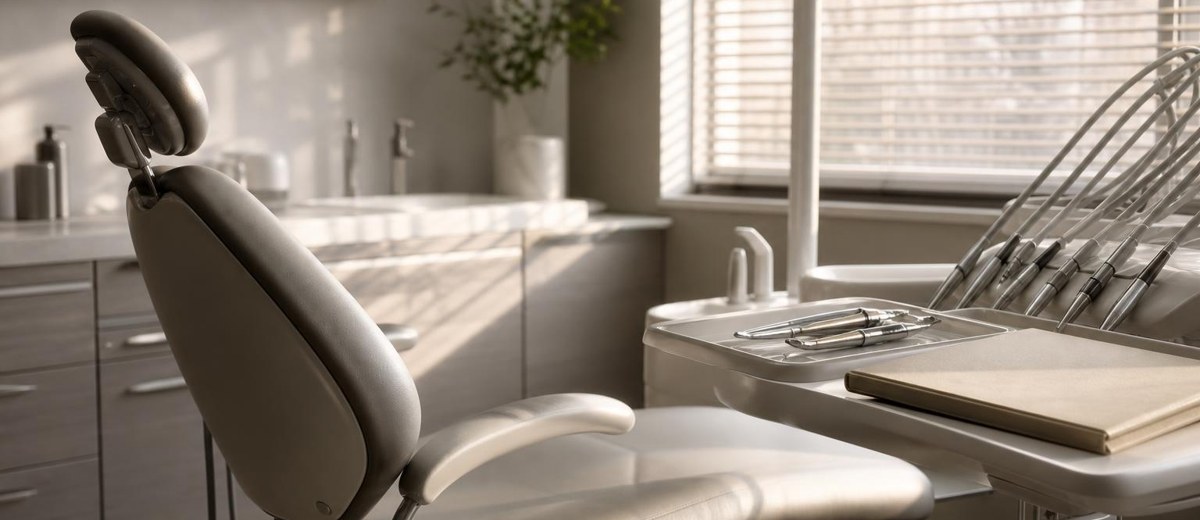 Sillón dental vacío junto a una carpeta de documentación