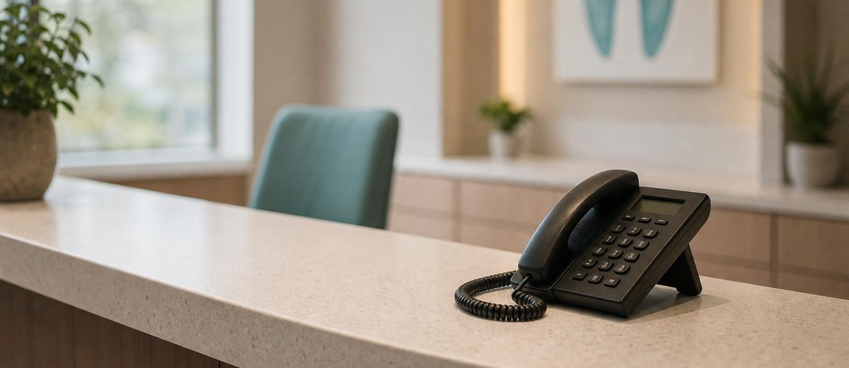 Teléfono sobre el mostrador de una recepción de clínica dental