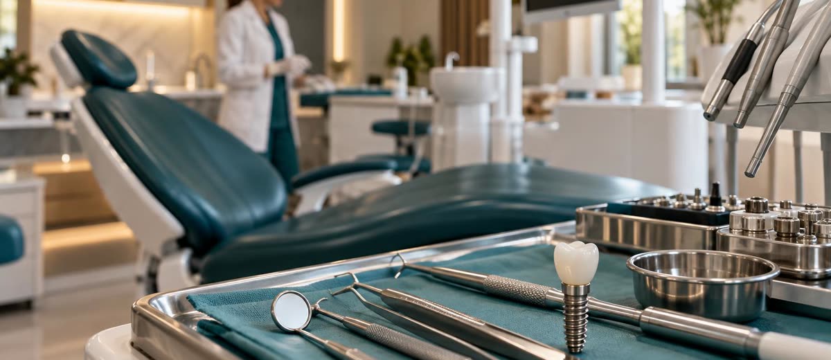 Sillón dental con implante en bandeja, clínica ordenada