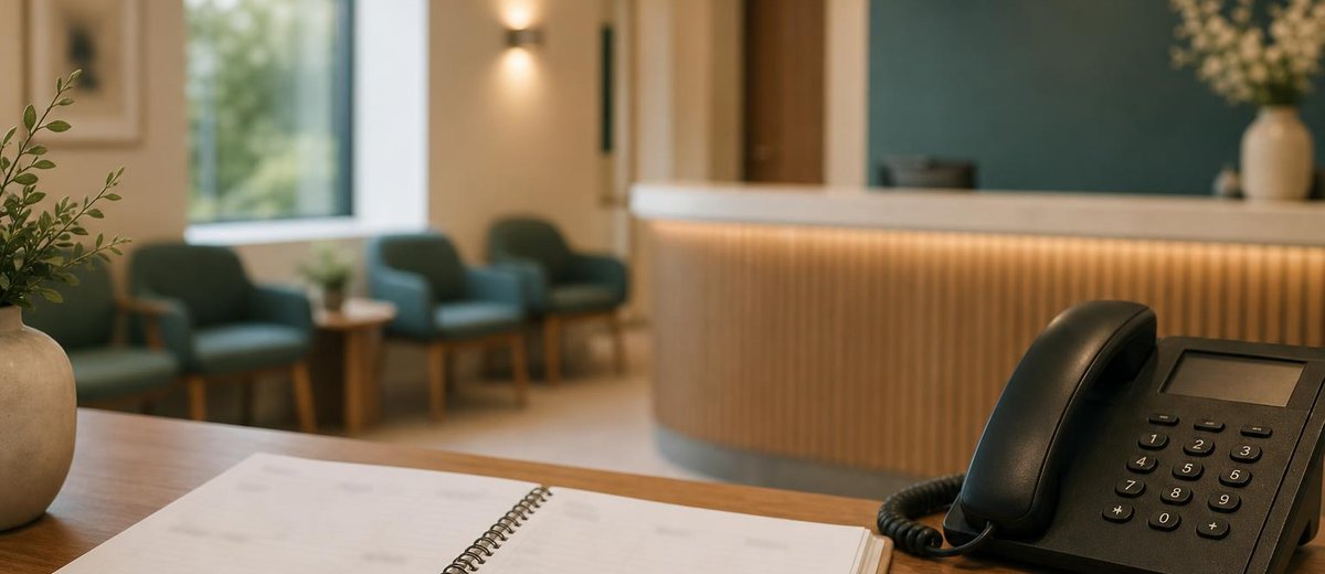 Recepción de clínica dental con agenda y protocolo de atención al paciente