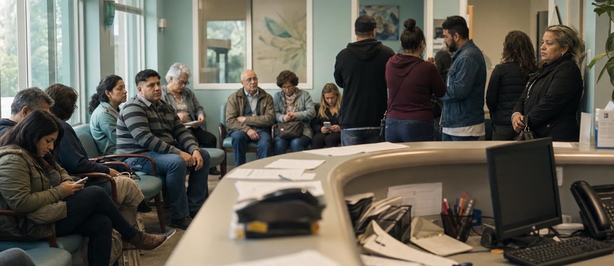 Mostrador de recepción y pacientes en la sala de espera de una clínica
