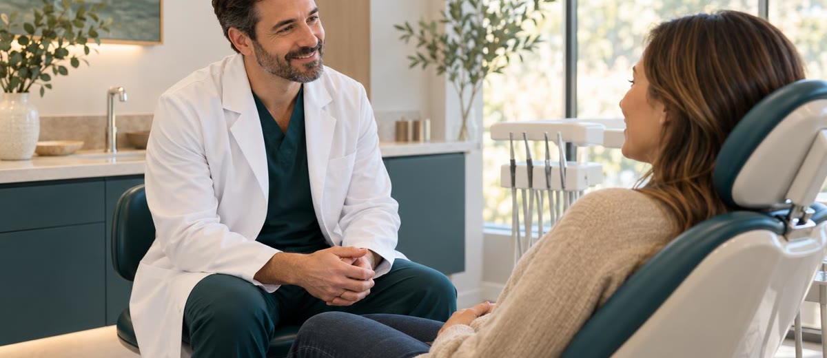 Dentista en bata blanca atendiendo con atención a un paciente en consulta dental