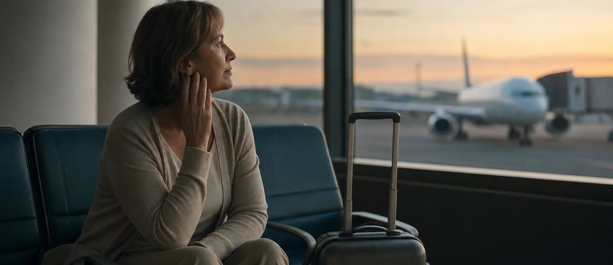 Paciente con maleta en aeropuerto antes de viajar para un tratamiento dental